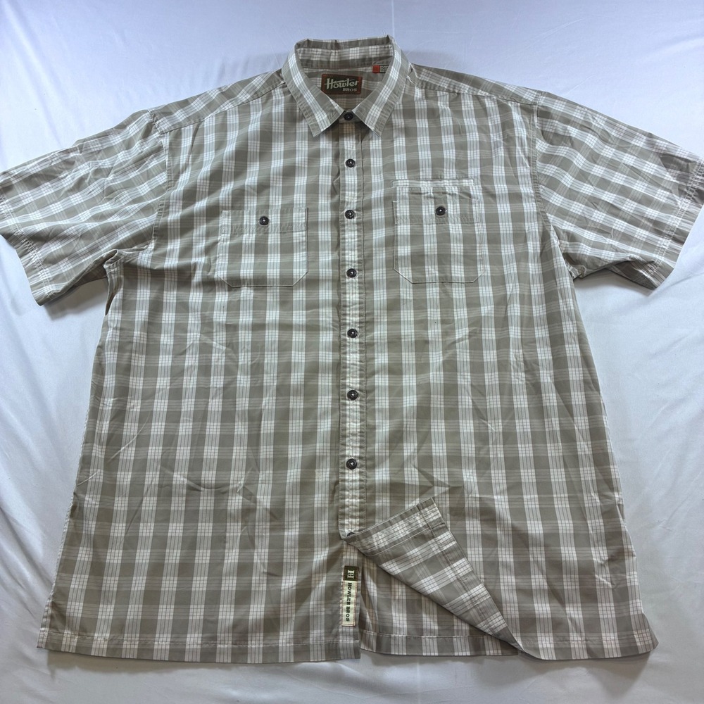 Howler Brothers Mens XXL Short Sleeve Plaid Button Down Shirt Tan White Pockets